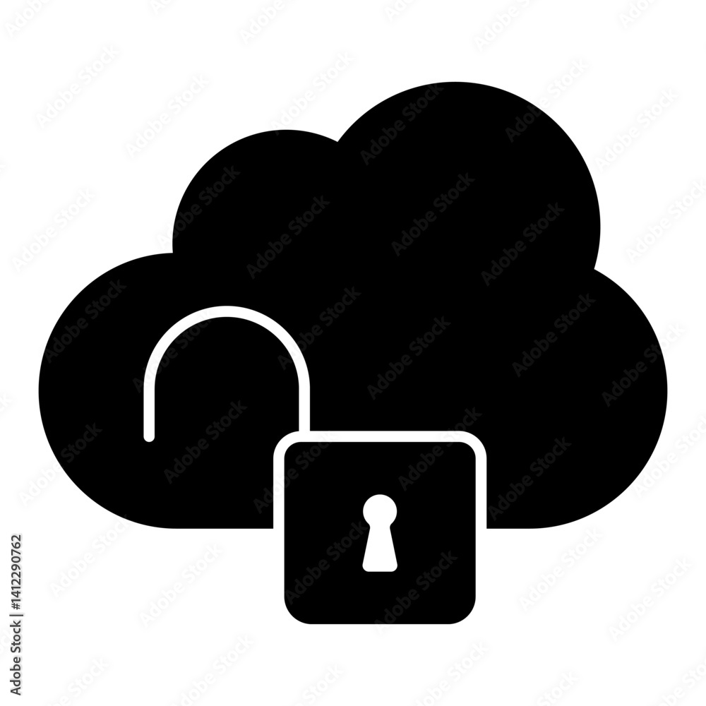 Poster unsecure cloud storage solid icon, hacker attacks concept. vector graphics. cloud with unlocked lock