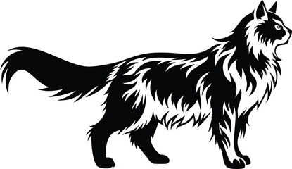 Obraz premium Black Longhair Cat Walking Profile on White Cutout Style Design