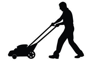 Black silhouette of man pushing lawnmower, garden maintenance on transparent background