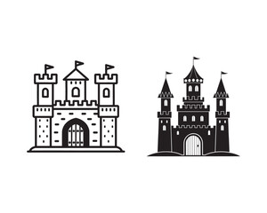 Obraz premium Castle Icon Set – Medieval Castle Line and Silhouette Vector Icons for UI, Games, and Fantasy Design
