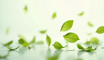 Green leaves dancing in the air. For composite. light green Background.