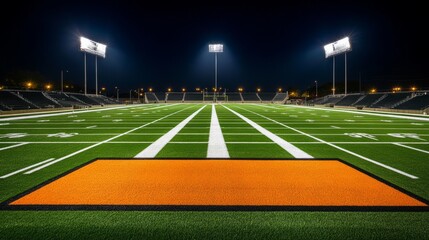 Fototapeta premium Empty football field under night lights, wide-angle view from the ground. The quiet drama of anticipation before the game. 