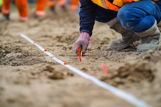 Surveyor marking boundary lines for construction site. Featuring land surveying and site preparation