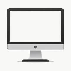 A modern desktop computer monitor with a blank white screen, centered on a white background. The monitor has a sleek, silver base and thin black bezels, resembling an Apple iMac style