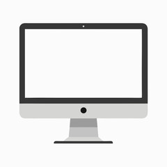 Fototapeta premium A modern desktop computer monitor with a blank white screen, centered on a white background. The monitor has a sleek, silver base and thin black bezels, resembling an Apple iMac style