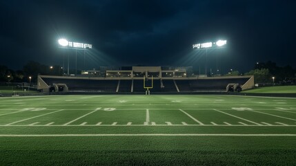 Empty football field under night lights, wide-angle view from the ground. The quiet drama of anticipation before the game.
