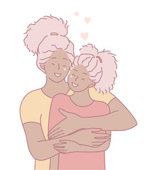 A warm and inviting illustration showcasing two women embracing each other, expressing joy and a deep friendship