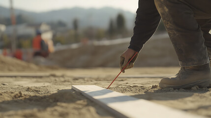 Surveyor marking land boundaries for construction. Accuracy and planning