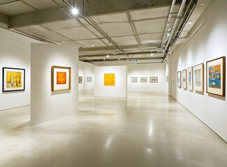 Obraz premium A white wall with an empty square frame in the middle of a modern art gallery, with soft lighting and a sleek concrete floor. The room is spacious and bright, with various framed paintings.