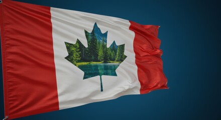 Naklejka premium Canadian Flag Nature Blend: Forests, Lakes, and Patriotism