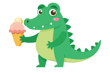 Cartoonish Green Crocodile Holding Ice Cream Cone on White Background