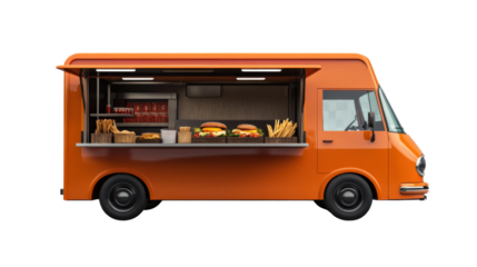 Orange Food Truck:  A vibrant orange food truck with a retractable awning and a diverse selection of delicious fast food items.