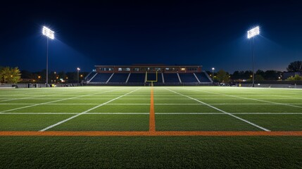 Fototapeta premium Empty football field under night lights, wide-angle view from the ground. The quiet drama of anticipation before the game. 