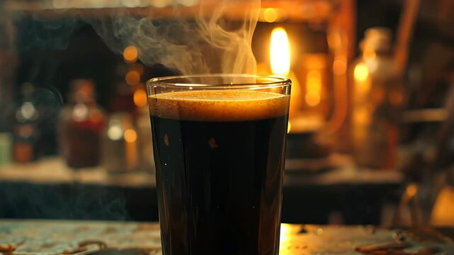 Mysterious Dark Drink: Steaming Potion in Glass