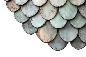 Distressed Metallic Scale Pattern: Overlapping Rounded Tiles in Muted Greens and Silvers on White.