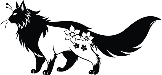 Fototapeta premium Detailed cat with floral elements in black and white palette