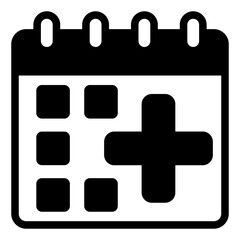 Calendar date with medical plus solid icon, insurance concept. Vector graphics. Page with insured event sign on white background, glyph style mobile or design.