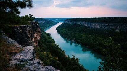 Scenic river valley at sunset, from high vantage point
