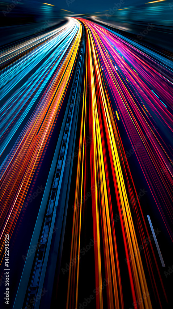 Poster abstract image of colorful light streaks, suggesting speed and movement on a highway at night, symbo