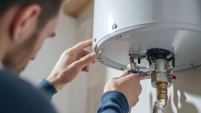 Plumber installing a new water heater in a home. Featuring plumbing installation and home improvement