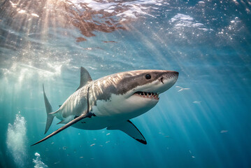 Fototapeta premium A white-faced shark swimming in profile in a large tank in the bottom of a fish tank in the aquarium