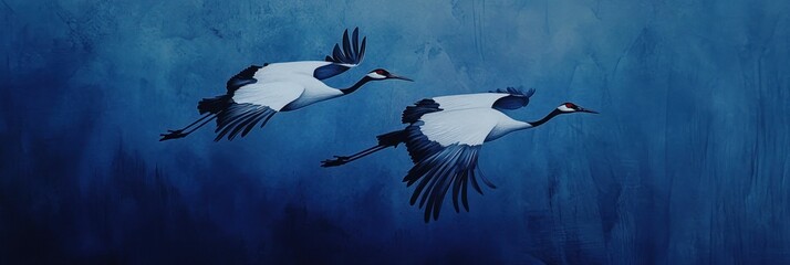 Obraz premium Ethereal flight: Majestic red-crowned cranes soaring through a deep blue atmosphere