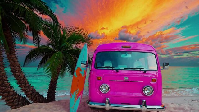 Vibrant Sunset Over Tropical Beach with Pink Vintage Surf Van, Palm Trees, and Colorful Sky - Perfect Scene for Surfing Enthusiasts and Beach Lovers
