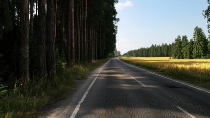 Fototapeta premium Empty road through pine forest, golden field background