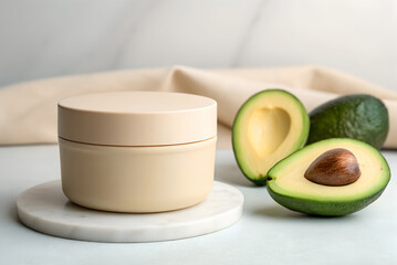 Minimalist Round Beige Cosmetic Jar With Avocado on Marble Surface in Natural Light Setting