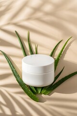 Minimalist Mockup of a Round Cosmetic Jar on a Beige Background With Green Aloe Leaves