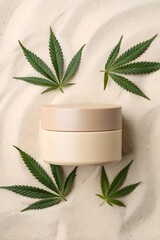 Minimalist Skincare Mockup Featuring Beige Round Jar Surrounded by Green Leaves on Sandy Background