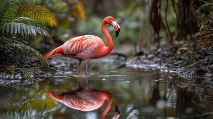 Pink flamingo wading in a shallow marsh, reflected perfectly in the still water. Lush, tropical vegetation surrounds the bird