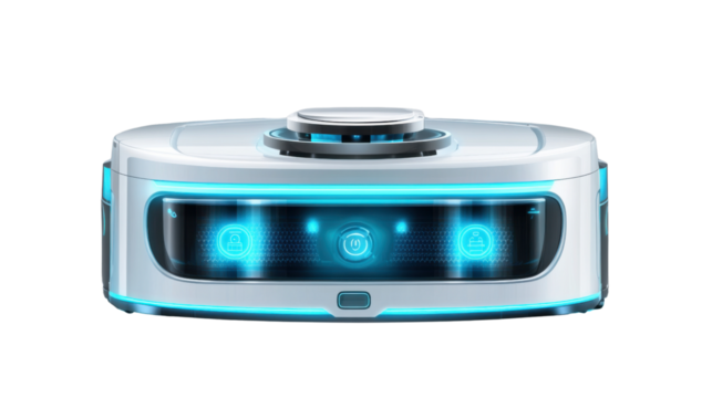 Smart Robot Vacuum Cleaner: Close-up view of a futuristic robot vacuum cleaner with illuminated blue accents. The sleek design and advanced technology are highlighted.