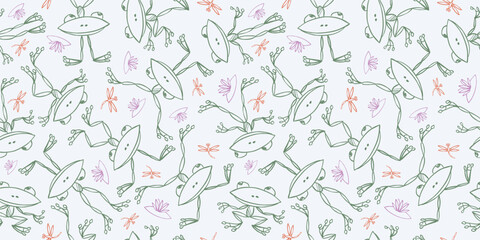 Seamless pattern of contour drawings cheerful cartoon frogs, dragonflies and water lilies, vector background, paper, fabric, wallpaper, textile