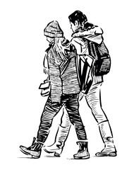 Sketch of two students with backpacks walking together outdoors, realistic vector hand drawn illustration isolated on white