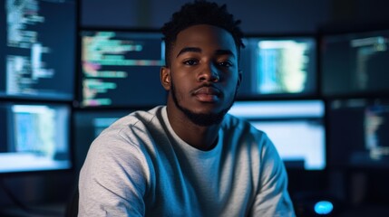 A young African American male software developer poses confidently in a modern tech workspace, surrounded by multiple screens displaying code, emphasizing innovation and concentration.