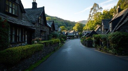 Fototapeta premium English village street at sunrise, stone houses, lush greenery