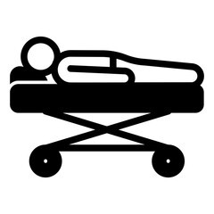 Hospital stretcher with human solid icon, medical insurance concept. Vector graphics. Ambulance bed with sick man sign on white background, glyph style mobile or design.