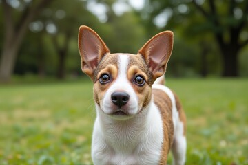 small brown and white dog sitting on top of a lush green field