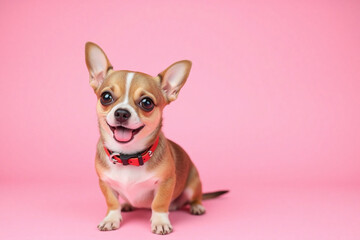 small chihuahua with a red collar sitting on a pink background