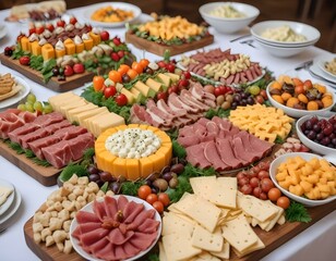 Beautifully decorated banquet table with cold snacks with meat, egetables and cheese . A variety of delicious delicious snacks on the table.