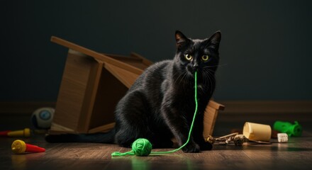 Guilty Cat with String and Destroyed Items