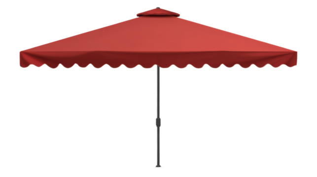 Red Patio Umbrella: A stylish red patio umbrella offers shade and elegance for outdoor relaxation. Its scalloped edge adds a touch of charm.