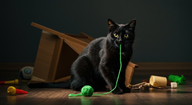 Guilty Cat with String and Destroyed Items