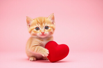 small orange kitten holding a red heart