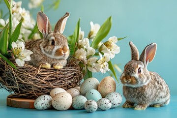 Two adorable baby rabbits in a nest with Easter eggs and flowers.