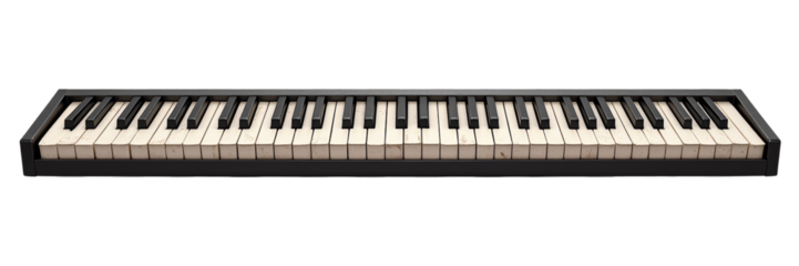 Piano Keyboard, Black Frame, Worn Keys, Transparent Background.