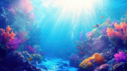 Beautiful underwater world with corals, fish, scuba diver, and sunlight