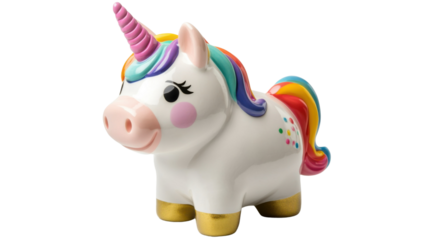 Whimsical Unicorn Figurine: A delightful, vibrant ceramic unicorn figurine, exuding charm with its colorful mane, golden accents, and a touch of fantasy. 