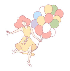A cheerful girl floats gently in the air with pastelcolored balloons, evoking feelings of joy and celebration
